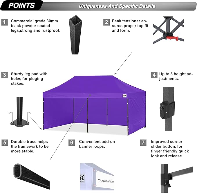 ABCCANOPY Heavy Duty Easy Pop up Canopy Tent with Sidewalls 10x20, Purple