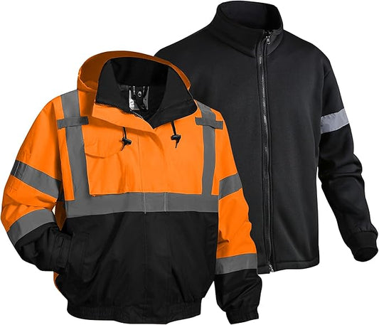 3 in 1 Safety jacket,Reflective high Visibility Hooded jacket,Hi Vis Bomber Jacket shell and fleece lining,Waterproof,ANSI Class 3 Black Bottom Orange,6XL