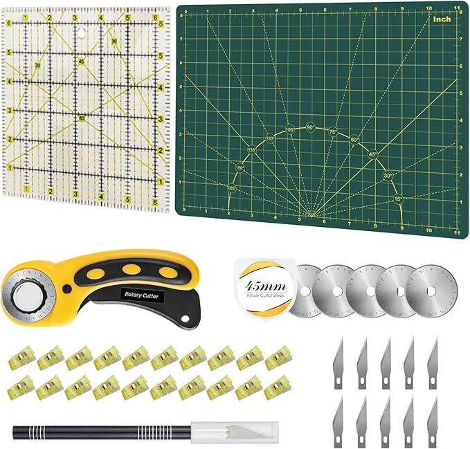 39 Pcs Rotary Cutter Set - Quilting Kit incl. 45mm Fabric Cutter, 5 Extra Rotary Blades, A4 Cutting Mat, Craft Knife Set, Quilting Ruler and Sewing Clips, Ideal for Crafting, Sewing, Patchworking