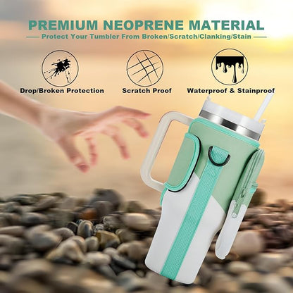 Water Bottle Carrier Bag with Phone Pocket for Stanley 40 & 30 oz Tumbler with Handle,Pink Insulated Neoprene Cup Holder Pouch w/Adjustable Strap for Quencher H2.0 Stanley Cup Accessories