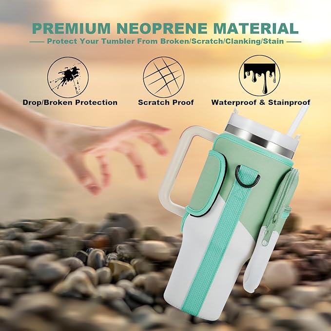 Water Bottle Carrier Bag with Phone Pocket for Stanley 40 & 30 oz Tumbler with Handle,Pink Insulated Neoprene Cup Holder Pouch w/Adjustable Strap for Quencher H2.0 Stanley Cup Accessories