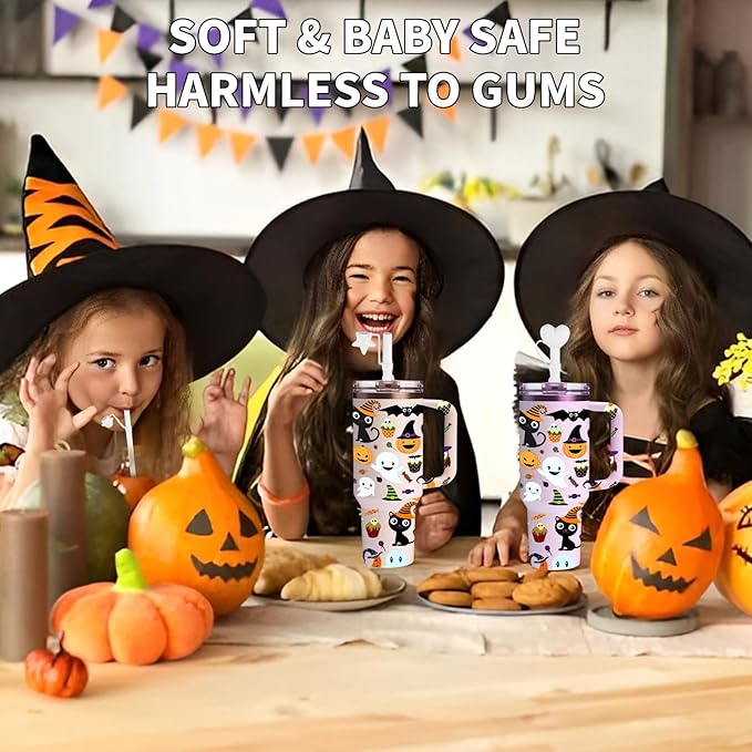 Halloween Party Favors 2025, Doboli Replacement 12 Inch Long Silicone Straw With Cover, Compatible with Stanley Owala 40 oz 30 oz Cup Tumbler, Funny 6 Pack Reusable Straw with Cleaning Brush