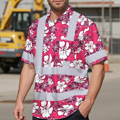 High Visibility Hawaiian Shirt for Men Tropical Shirts Custom Name Floral Outfit Reflective Safety Workwear