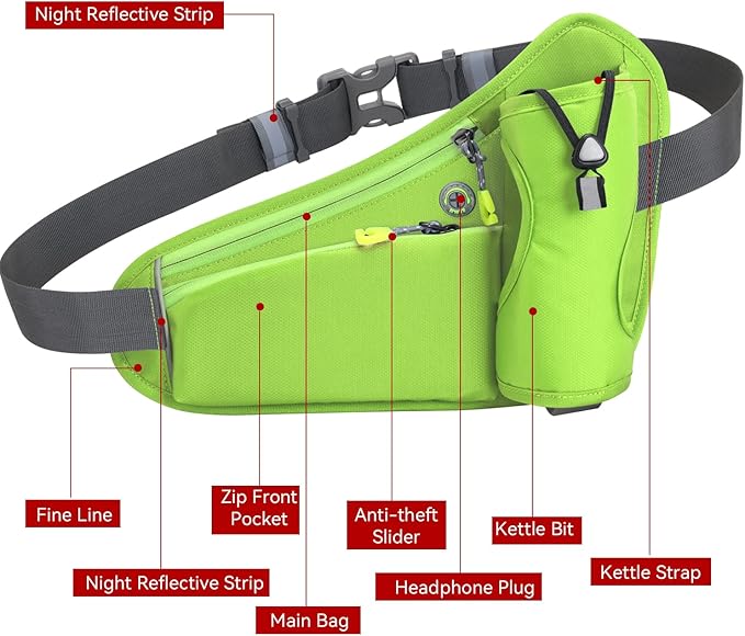 Waterproof Running Waist Bag Cycling Bumbags with Water Bottle Holder Travel Walking Dog Climbing Hiking Outdoor Sport Waist Bag with Reflective Strips(Green)