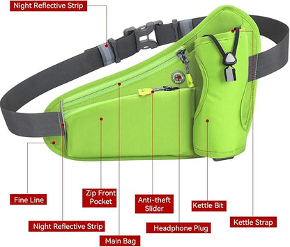 Waterproof Running Waist Bag Cycling Bumbags with Water Bottle Holder Travel Walking Dog Climbing Hiking Outdoor Sport Waist Bag with Reflective Strips(Green)