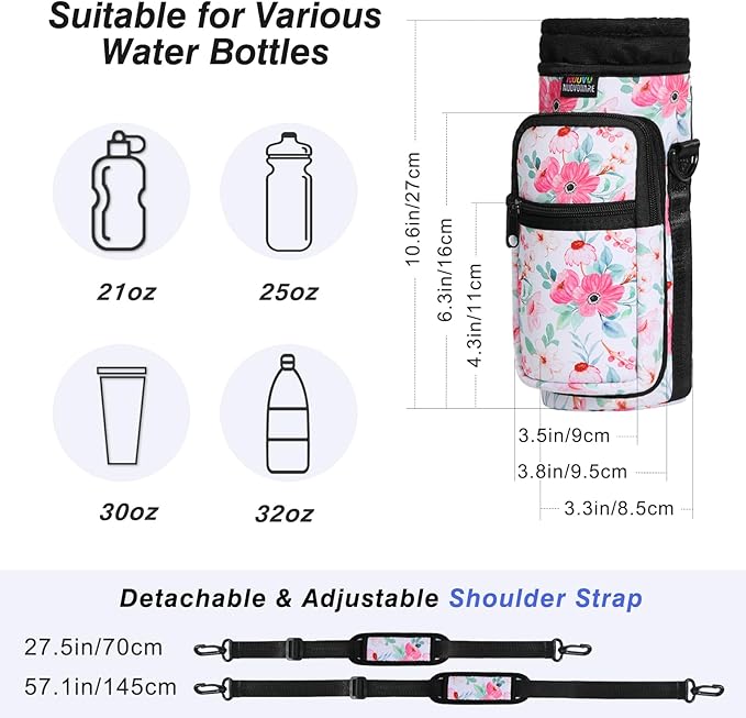 Nuovoware Water Bottle Carrier Bag,25oz/40oz/64oz Bottle Pouch Holder,Adjustable Shoulder Hand Strap 2 Pocket Sling Neoprene Sleeve Sports Accessories for Hiking Travelling Camping