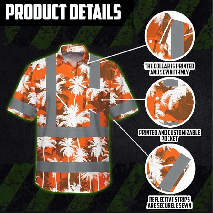 High Visibility Hawaiian Shirt for Men Tropical Shirts Custom Name Floral Outfit Reflective Safety Workwear