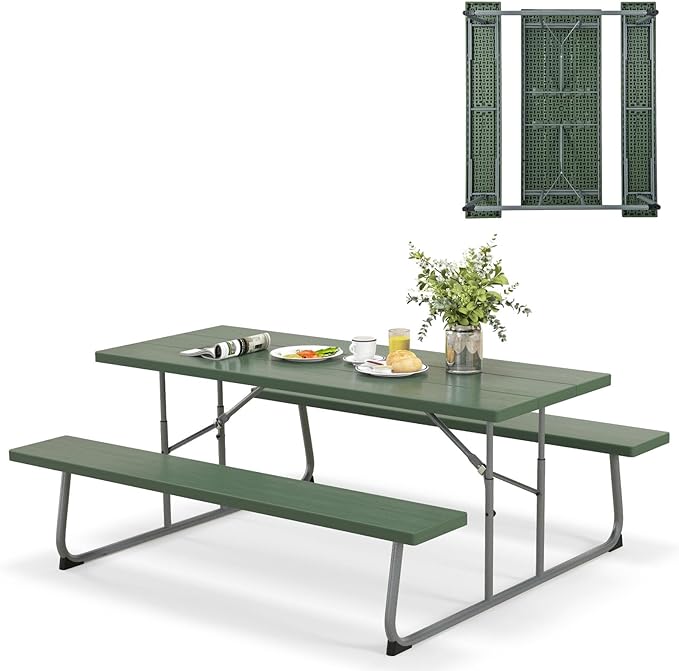 Tangkula 6 Ft Folding Picnic Table, Outdoor 8 Person Large Picnic Table Set with 2 Built-in Benches, Umbrella Hole, Metal Frame & HDPE Tabletop for Garden, Backyard (Green)