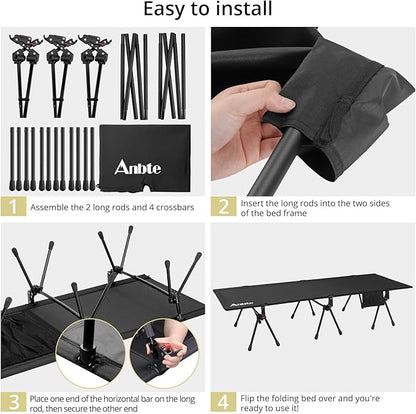 Ultralight Camping Cot with Storage Net & Bag, Height Adjustable Support up to 400lbs, Comfortable Portable Cots for Adult Folding Bed for Camping, Hiking, Travel, Truck, Beach, Office, Black