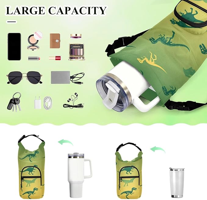 Gradient Green and Yellow Dinosaur Water Bottle Holder with Strap Insulated Water Bottle Carrier Crossbody Bags Pouch with Phone Pocket for Travel Gym Hiking Walking Running