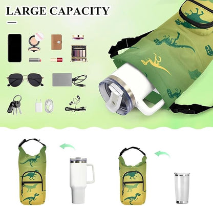 Gradient Green and Yellow Dinosaur Water Bottle Holder with Strap Insulated Water Bottle Carrier Crossbody Bags Pouch with Phone Pocket for Travel Gym Hiking Walking Running