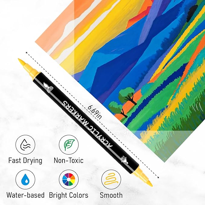 100 Colors Acrylic Paint Markers, Dual Tip with Fine Tip and Brush Tip Pens for Stone, Wood, Calligraphy, Canvas, Ceramic, Metal, Glass, Rock Painting, DIY Crafts Art Supplies Kit