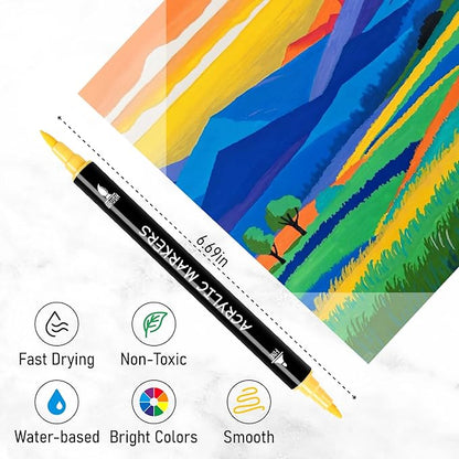 100 Colors Acrylic Paint Markers, Dual Tip with Fine Tip and Brush Tip Pens for Stone, Wood, Calligraphy, Canvas, Ceramic, Metal, Glass, Rock Painting, DIY Crafts Art Supplies Kit