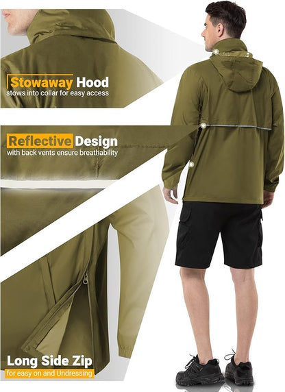 Outdoor Ventures Men's Rain Jacket Waterproof Lightweight Packable Rain Pullover for Hiking Golf Running