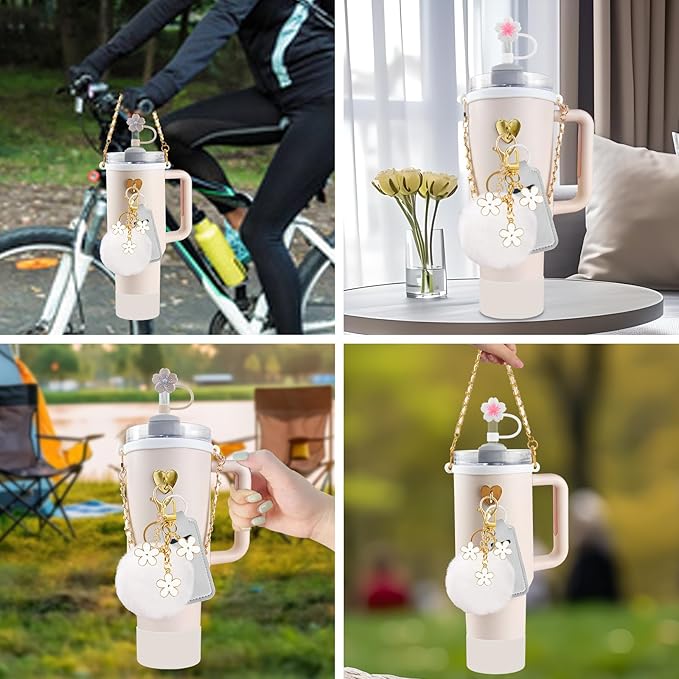 Velaco 11 PCS Accessories for Stanley Cup, Water Bottle Handle Strap for Stanley 30/40 oz tumbler with handle, including Straw Toppers, Silicone Cup Boot, Keychain Charms - White