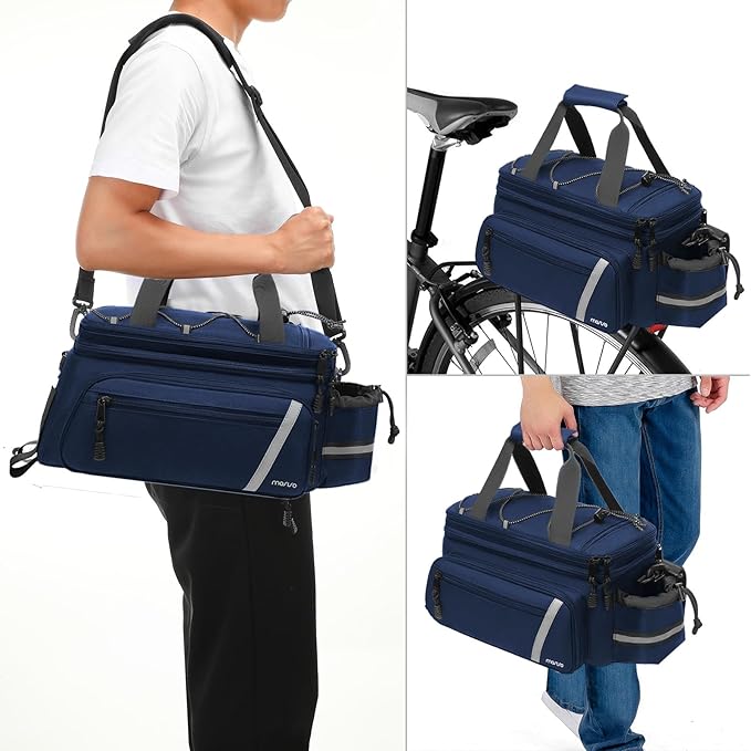 MOSISO Bike Rack Bag with Rain Cover, Bike Trunk Cooler Handag Insulated Bicycle Rear Seat Pouch with 2 Side Foldable Panniers, 8L Cycling Backseat Storage Cargo Saddle Shoulder Bag, Navy Blue
