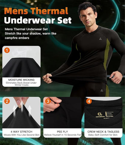 CL convallaria Mens Thermal Underwear Set with Fly Long Johns Base Layer Winter Hunting Gear Sport Top and Bottom