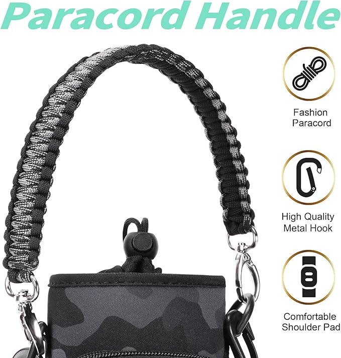 32/40/64/87/128 oz Water Bottle Carrier Bag, Neoprene Water Bottle Sleeve with 4 Pocket, Sport Water Holder with Paracord Handle and Shoulder Strap for Walking Hiking Camping Gym