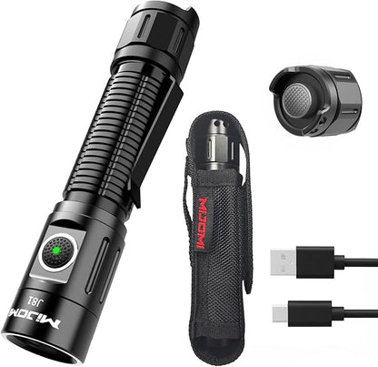 J81 Tactical Rechargeable Flashlight with Holster, 1300 Lumen Super Bright IP68 Waterproof Dual Button Flashlight for Tactical Games Outdoor