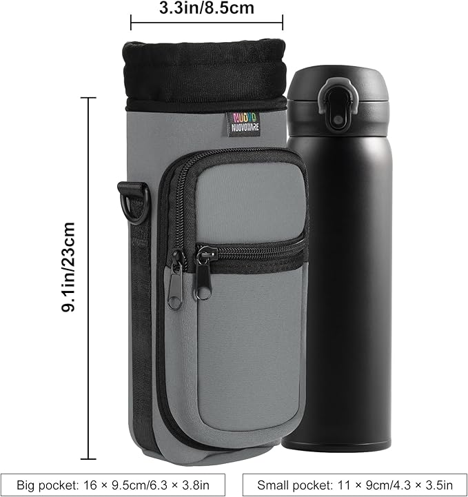 Nuovoware Water Bottle Carrier Bag,25oz/40oz/64oz Bottle Pouch Holder,Adjustable Shoulder Hand Strap 2 Pocket Sling Neoprene Sleeve Sports Accessories for Hiking Travelling Camping