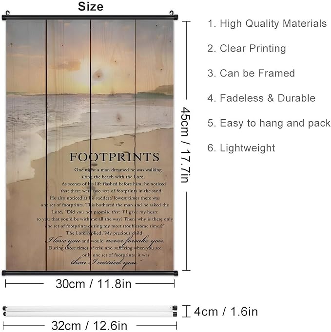 Footprints in the Sand Religious Canvas Wall Art Posters, Inspirational Beach Sunset Poem Print Poster (Black Axis 12x18inch, Footprints(1))