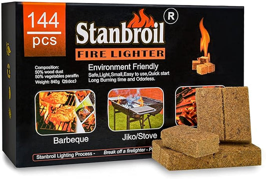 Stanbroil 144 pcs Fire Starters, Natural Charcoal Squares Fire Starters Super Fast Lighting Perfect for Barbecue Grills, Smokers, Wood Stove, Campfires and Outdoor Fireplaces