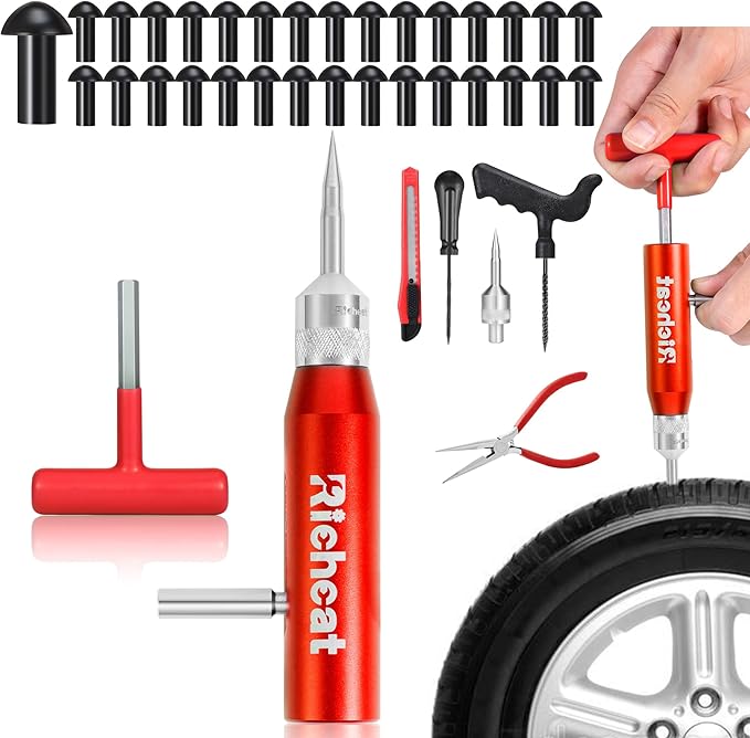 Richcat Tubeless Tire Puncture Repair Kit with Mushroom Plug, Repairs punctures and Flat Tires for Motorcycles, Cars, Trucks, ATVs and Tractors