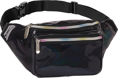 Black Holographic Fanny Pack Belt bag - Crossbody Waist Bag for Men or Women - Hands-Free, Waterproof Large Bumbag for Hiking, Running, and Travel