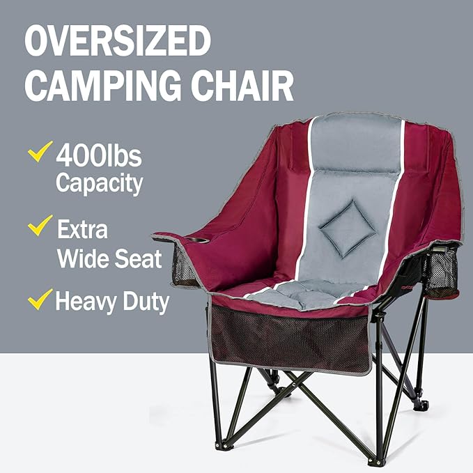 Oversized Camping Chairs Extra Wide 400lbs Capacity, Heavy Duty Folding Outdoor Chair with 2 Cup Holder & Storage Pocket, Padded and Portable Lawn Chair for Adults, Camp, Fishing, Tailgating, Picnic