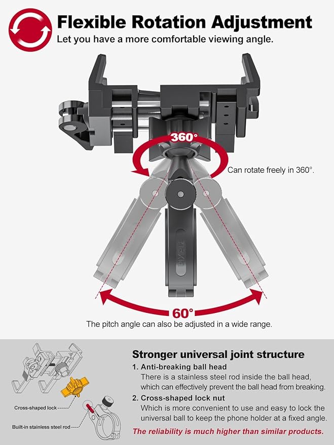 Tiakia Bike Phone Mount Holder, Aluminum Motorcycle Phone Mount, Handlebar Mounted Cell Phone Holder for Bike, 360° Rotation, Universal Bicycle Phone Mount for 4.5-7 Inch Phones