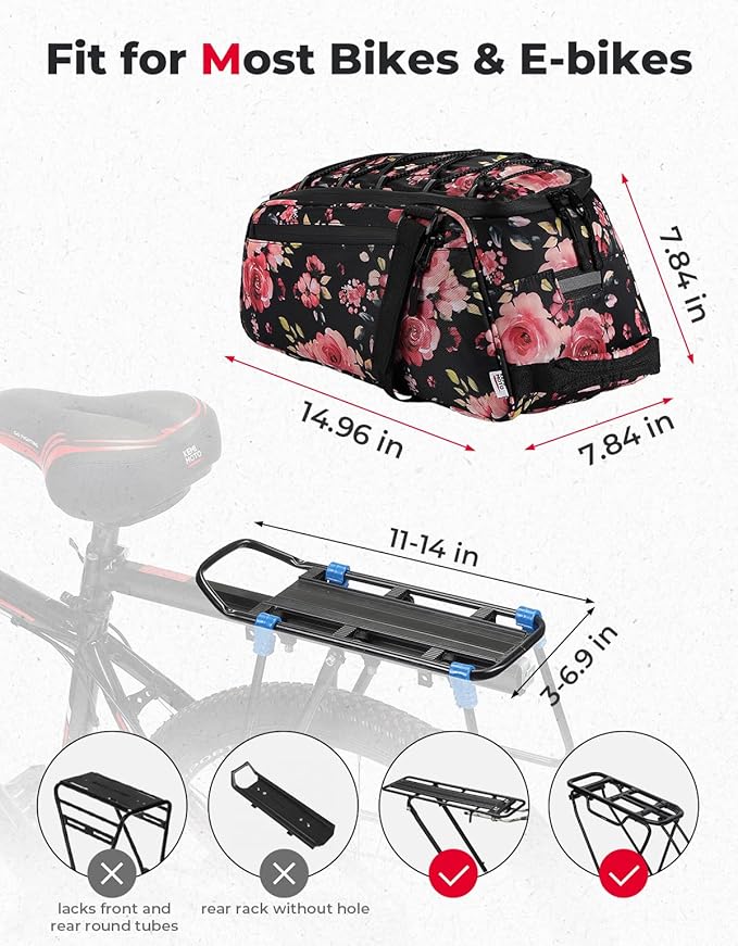 KEMIMOTO Rear Bike Rack Bag, 13L Water-resistant Trunk Bags 3-IN-1, Zippered Bicycle Backpack Shoulder Pannier Saddle Pack for Ebikes Cycling Commuting Travel Outdoor Camping, Pink
