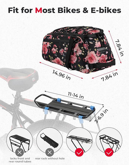 KEMIMOTO Rear Bike Rack Bag, 13L Water-resistant Trunk Bags 3-IN-1, Zippered Bicycle Backpack Shoulder Pannier Saddle Pack for Ebikes Cycling Commuting Travel Outdoor Camping, Pink