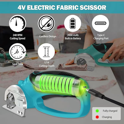 Cordless Electric Scissors, 4V Box Cutter & Cardboard Cutter with Upgrade Blade, LED Light, Safety Lock - Rechargeable Rotary Cutter for Fabric, Leather, Plastic, Sewing, Industrial (Aqua Blue)