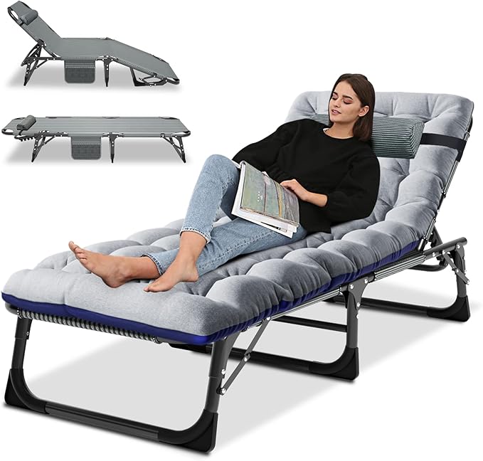 LILYPELLE Portable Folding Camping Cot, Adjustable 4-Position Adults Reclining Chaise with Pillow, Outdoor Portable Lounge Chair Sleeping Cot for Camping, Pool, Beach, Patio
