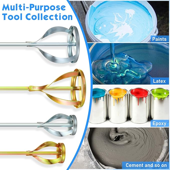 4 Pcs Paint Mixer for Drill Paint Stirrer Fits 1-5 Gallon Buckets for All Standard Drill Bits, 2 Large and 2 Medium - Gold & Silver Zinc Plated Stirrers Mixer Rods for Concrete Resin Epoxy