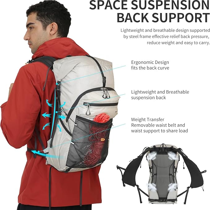 Hiking Backpack for Men and Women, 30L Waterproof Camping Backpack with 3L Water Bladder and Rain Cover, Lightweight Outdoor Sport Travel Daypack Rucksack for Climbing Cycling (Light gray)