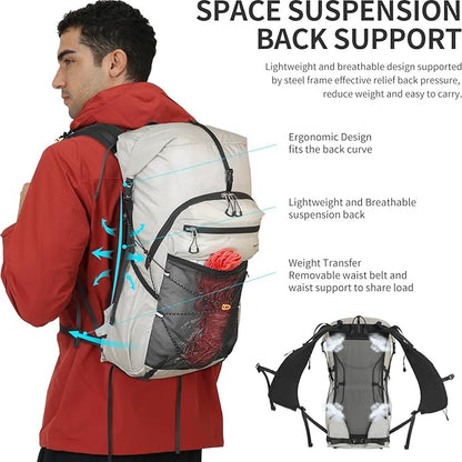 Hiking Backpack for Men and Women, 30L Waterproof Camping Backpack with 3L Water Bladder and Rain Cover, Lightweight Outdoor Sport Travel Daypack Rucksack for Climbing Cycling (Light gray)