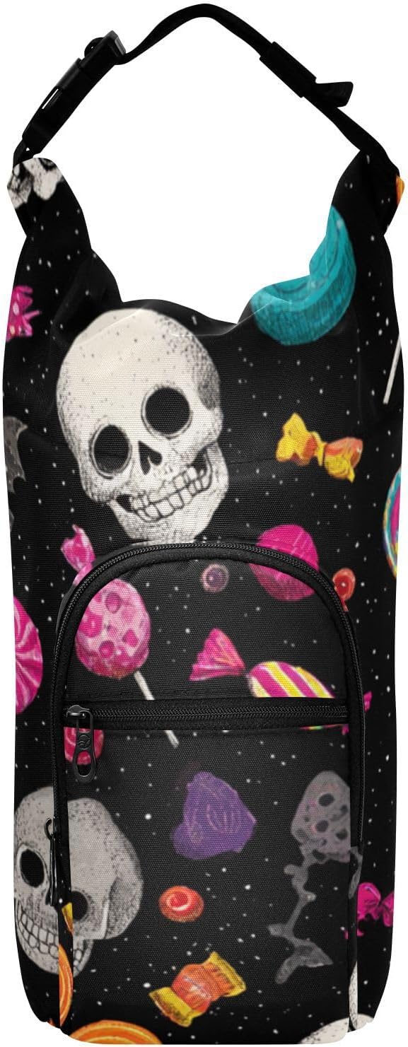 Halloween Skulls Lollipops Bats Water Bottle Holder with Strap Insulated Water Bottle Carrier Crossbody Bags Pouch with Phone Pocket for Travel Gym Hiking Walking Running
