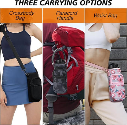 32/40/64/128 oz Neoprene Insulated Water Bottle Carrier Bag, Sling Bag Sleeve Pouch Holder with Strap & Paracord Handle and 2 Pocket for Travelling, Hiking, Camping