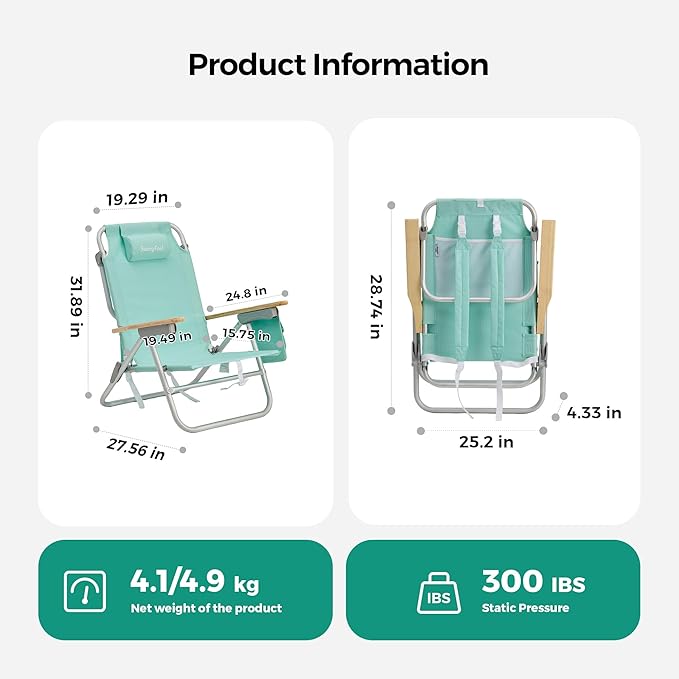 SUNNYFEEL Low Back Folding Beach Chair, Aluminum Heavy Duty Beach Chair with 3 Reclining Position, Portable Camping Chair for Adults with Wood Armrest, Lightweight Camping Chair 300lbs, Green, 2 Pack