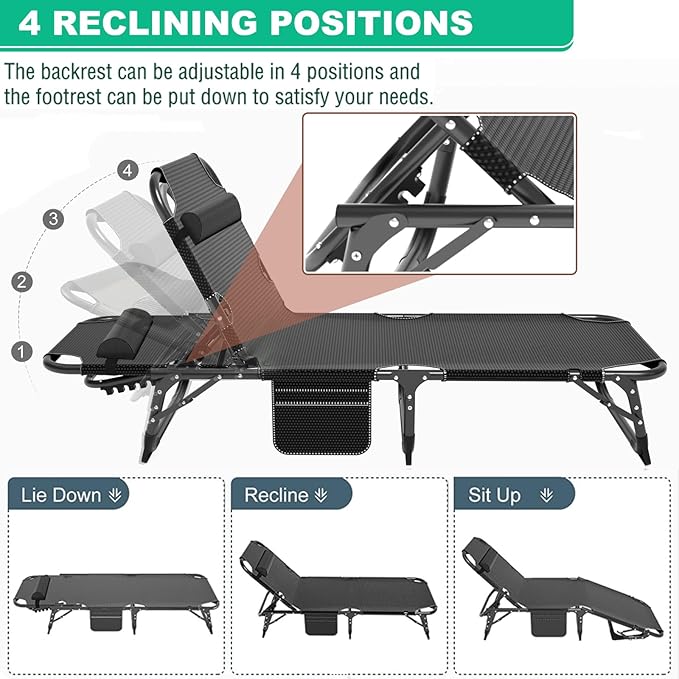 Camping Cot, Adjustable 4-Position Adults Reclining Folding Chaise with Pillow, Outdoor Portable Lounge Chair Sleeping Cots Bed, Perfect for Camping, Pool, Beach, Patio