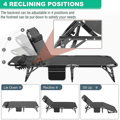 Camping Cot, Adjustable 4-Position Adults Reclining Folding Chaise with Pillow, Outdoor Portable Lounge Chair Sleeping Cots Bed, Perfect for Camping, Pool, Beach, Patio