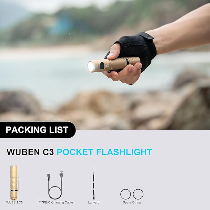 WUBEN C3 Flashlight 1200 High Lumens Rechargeable Flashlights 6 Modes Super Bright IP68 LED Tactical Flashlight for Camping, Home, Emergenc, Inspection, Repair, Tool Gifts for Men(Khaki)