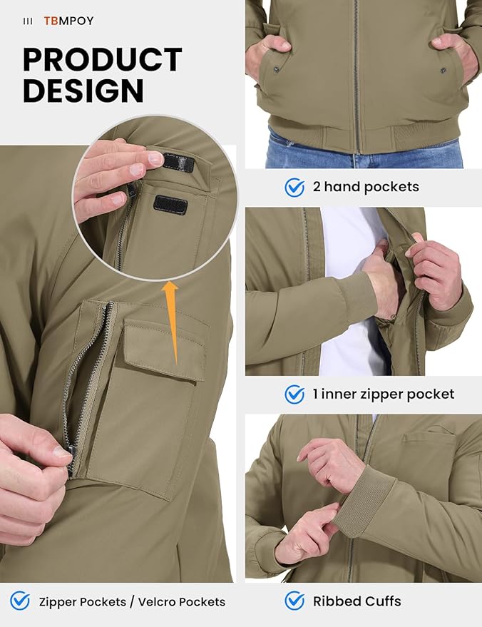 TBMPOY Men's Fall Jacket Winter Windbreaker Bomber Zip Up Padded Softshell Warm Windproof Casual Coat