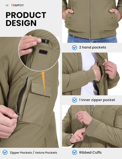 TBMPOY Men's Fall Jacket Winter Windbreaker Bomber Zip Up Padded Softshell Warm Windproof Casual Coat