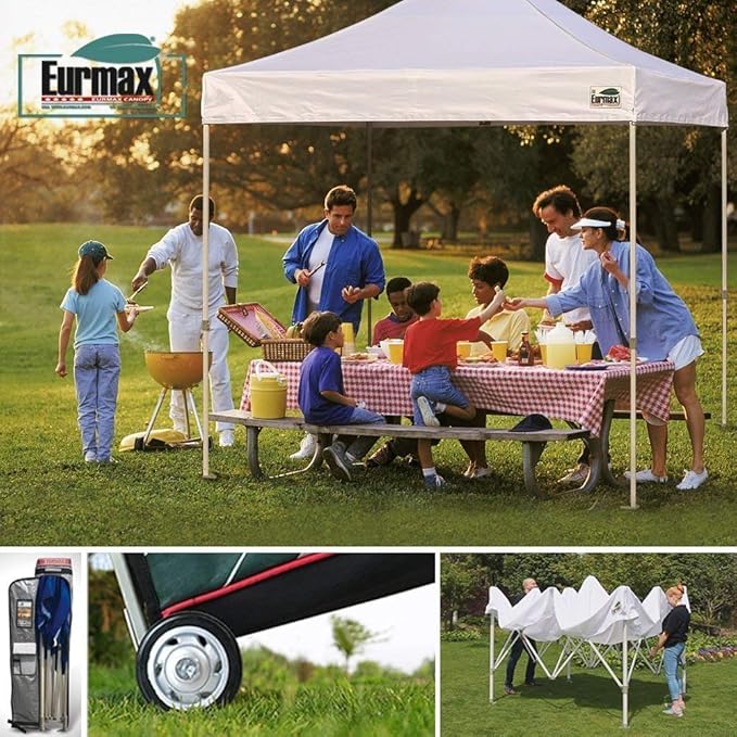 Eurmax USA 8'x8' Pop-up Canopy Tent Commercial Instant Canopies with 4 Removable Zipper End Side Walls and Roller Bag, Bonus 4 SandBags(Beige)
