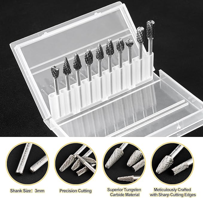 Tungsten Carbide Burr Set, 1/8" Shank 10PC Double Cut Die Grinder Rotary Tool Cutting Burrs Set for Metal and Wood Working Carving, Engraving, Polishing, Grinding with Clear Storage Case