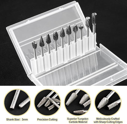Tungsten Carbide Burr Set, 1/8" Shank 10PC Double Cut Die Grinder Rotary Tool Cutting Burrs Set for Metal and Wood Working Carving, Engraving, Polishing, Grinding with Clear Storage Case
