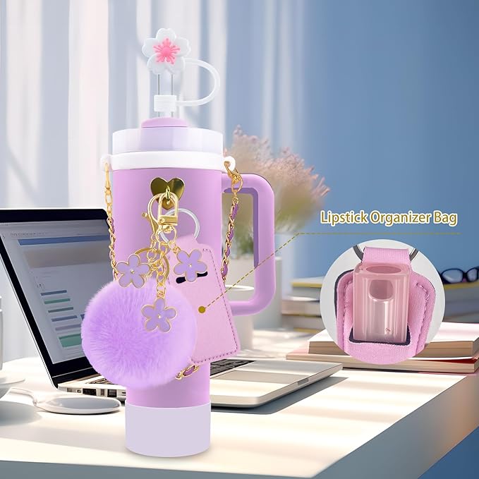 Velaco 11 PCS Accessories for Stanley Cup, Water Bottle Handle Strap for Stanley 30/40 oz tumbler with handle, including Straw Toppers, Silicone Cup Boot, Keychain Charms - Purple