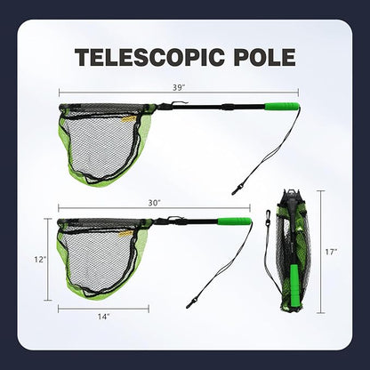 Black Paw Floating Fishing Net Foldable Telescopic Fish Landing Net with Built in Length Scale Rubber Coated for Kayak, Fly, Trout